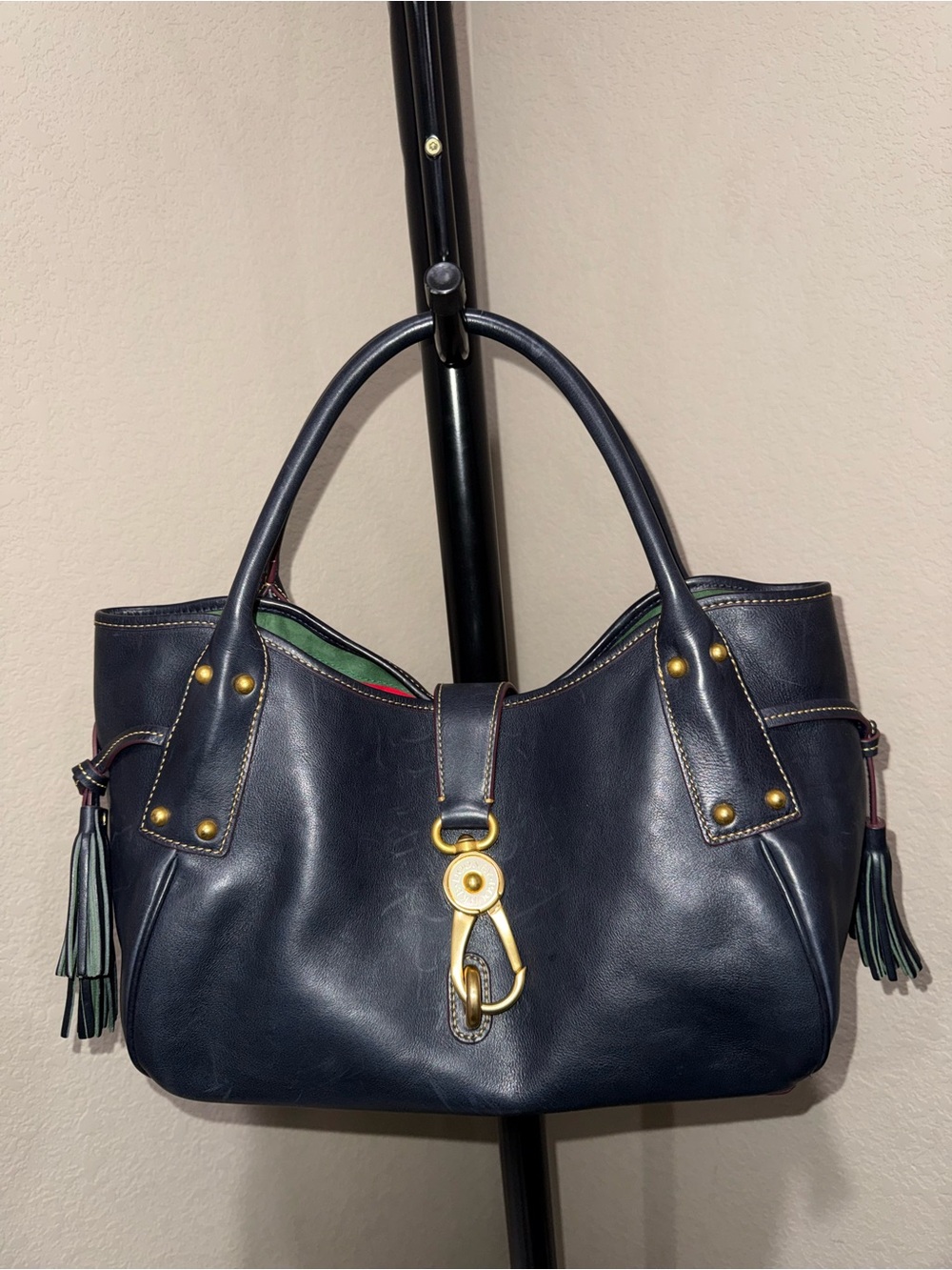 Dooney & Bourke Navy Florentine Leather Logo Lock Gold Hardware - Picture 3 of 14